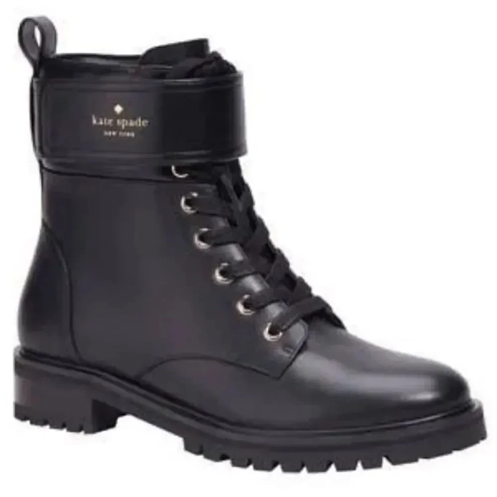 Kate Spade York Joplin Black Leather Lace Up Combat Lug Sole Boots $328